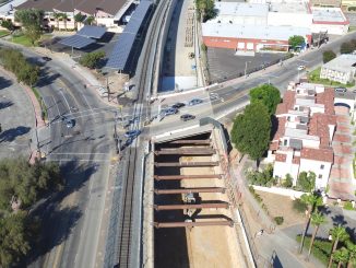 An aerial shot of construction of a train trench in San Gabriel in July 2016. Photo by Brian Bothun.