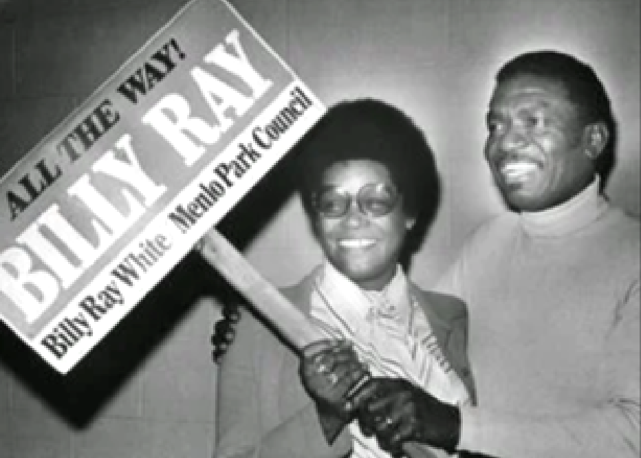 Billy Ray White holding a campaign sign. Photo courtesy of the Menlo Park Historical Society.