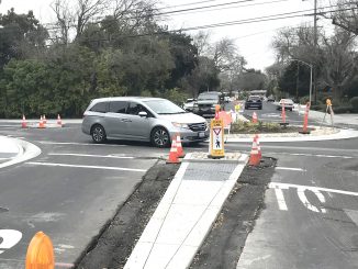 The city of Palo Alto is putting the finishing touches on a roundabout at Ross Road and Meadow Drive. Post photo.