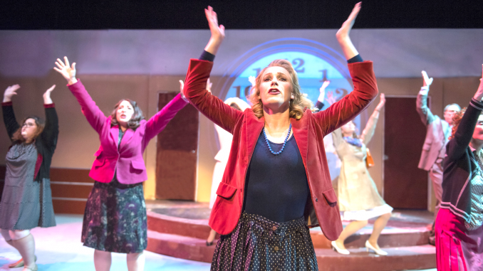 From left, Elena Panos, Kimberly Kay and Megan Brown rush to work in Foothill Music Theatre’s “9 to 5 The Musical.” Photo by David Allen.