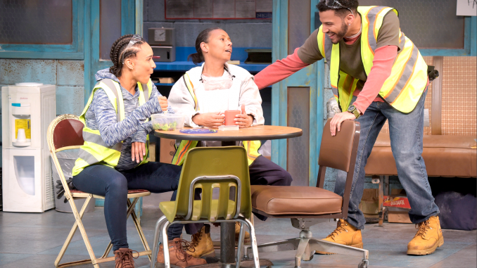 From left, Shanita (Tristan Cunningham), Faye (Margo Hall) and Dez (Christian Thompson) are auto plant workers in Dominique Morisseau’s “Skeleton Crew.” Photo by Kevin Berne.