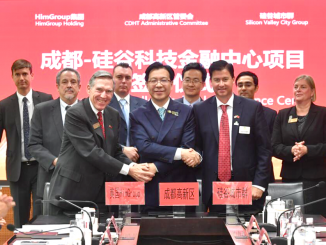 Chinese media has circulated this photo of mid-Peninsula officials at a signing ceremony in Chengdu, China. Local officials in the shot include, Mountain View Mayor Lenny Siegel, second from left, and Menlo Park City Councilwoman Kirsten Keith, far right. In front at right is former Mountain View councilman Mike Kasperzak.