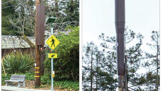 This is an example of a “node” antenna located at Newell Road and Hopkins Avenue in Palo Alto. At left is the equipment box. At right is the top of the antenna. Photos were provided to the city by Verizon.