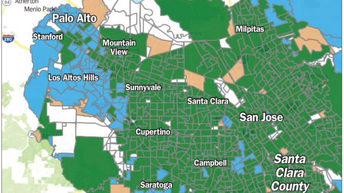 In this map from the Registrar of Voters’ website, the green shows precincts that voted in favor of the recall of Judge Aaron Persky while the blue represents precincts where the recall failed.