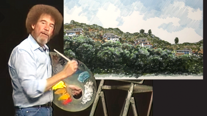 In the top right of this photo is the rendering developer Ron Grove submitted to the city of San Carlos for a five-home development he hopes to build in Devonshire Canyon. The rendering, with blue brush strokes for the sky and green vegetation, looks like something public TV's Bob Ross would have painted. So the Post Photoshopped the rendering onto Ross's easel. As Bob would say, "This isn't a mistake, only a happy accident."