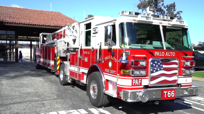 One of the Palo Alto fire trucks that’s housed at Station 6 on the Stanford campus. Frame grab from www.fireapparatusmagazine.com.