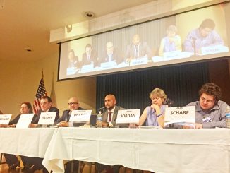 Palo Alto school board candidates, from left, Stacey Ashlund, Christopher Boyd, Ken Dauber, Shounak Dharap, Kathy Jordan and Alex Scharf participate in an election debate, hosted by Asian Americans for Community Involvement and the Palo Alto Chinese Parents Club. Photo by Allison Levitsky.