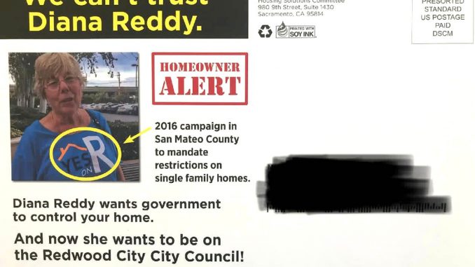 Redwood City council candidate Diana Reddy is objecting to this mailer sent out by the California Apartments Association, a landlord group.