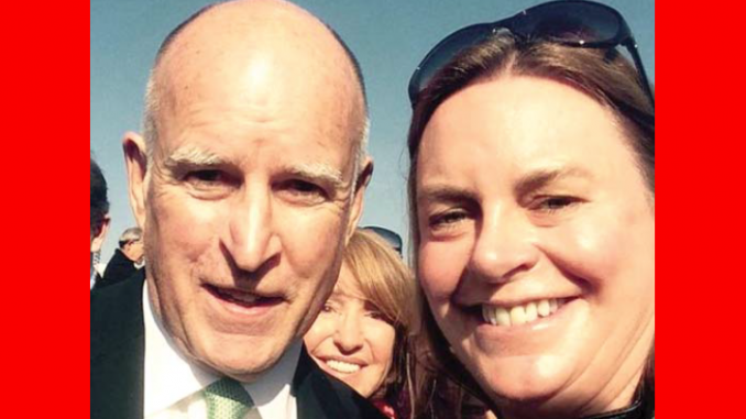Then Gov. Jerry Brown and then-Menlo Park Councilwoman Kirsten Keith posed for this selfie at the groundbreaking of high-speed rail in Fresno in 2015. Keith later sent out the photo on Twitter.