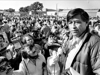 In this March 7, 1979, file photo, United Farm Workers President Cesar Chavez talks to striking Salinas Valley farmworkers during a large rally in Salinas. Chavez died in 1993. AP photo by Paul Sakuma.