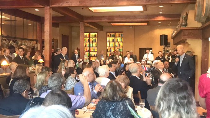 Joe Biden speaks to donors at Evvia on Emerson St. in Palo Alto yesterday. Photo by Post reader Stu Soffer.