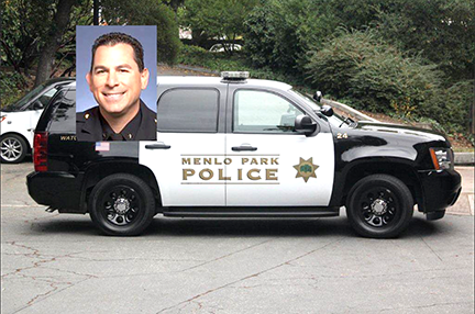 Menlo Park Police Chief Dave Bertini, inset, and a Menlo Park Police SUV.