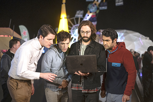 From left, Jared (Zach Woods), Richard (Thomas Middleditch), Gilfoyle (Martin Starr) and Dinesh (Kumail Nanjiani) at RussFest in Nevada. HBO photo.