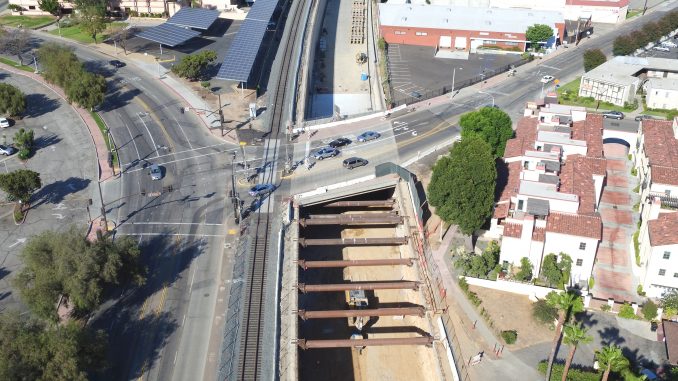 An aerial shot of construction of a train trench in San Gabriel in July 2016. Photo by Brian Bothun.