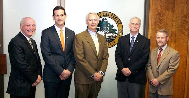 The members of the San Carlos City Council are, from left, Mayor Bob Grassilli, Vice Mayor Cameron Johnson, Mark Olbert, Ron Collins and Matt Grocott. Photo from the city website.