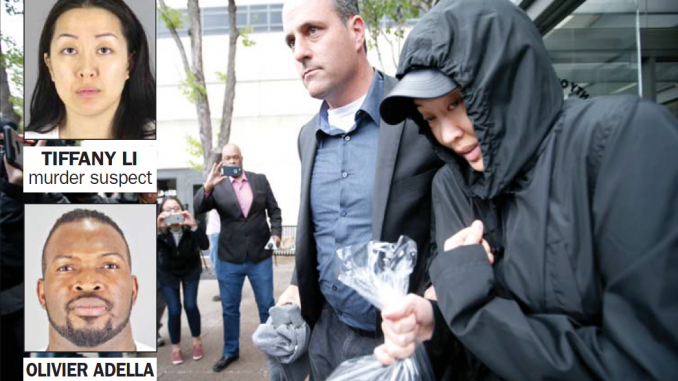 Tiffany Li, right, leaves with a bodyguard from San Mateo County Jail in Redwood City after posting an unprecedented $35 million bail on April 6, 2017. AP photo.