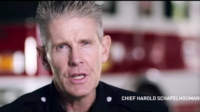 Menlo Park Fire Chief Harold Schapelhouman in a PG&E commercial.
