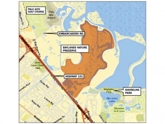 The Santa Clara County Vector Control District plans to spray the area indicated in orange to combat mosquitoes.