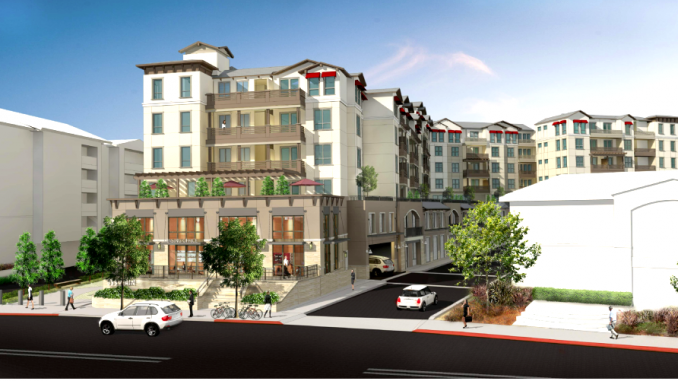 A developer is seeking approval to build this apartment complex at 353 Main St. in Redwood City.