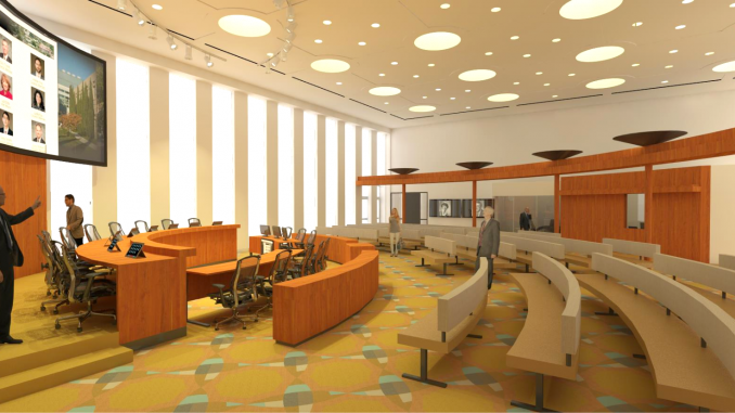 The city provided an artist’s conception of the renovated City Council Chambers, which include bigger monitors on the dais and a large LED screen behind the council members.