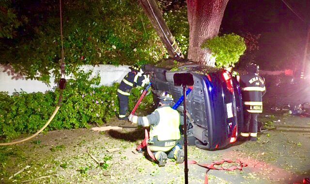 Firefighters removed two men from this car that crashed at 240 Camino Al Lago in Atherton this morning (April 22). Photo from the Menlo Park Fire Protection District.