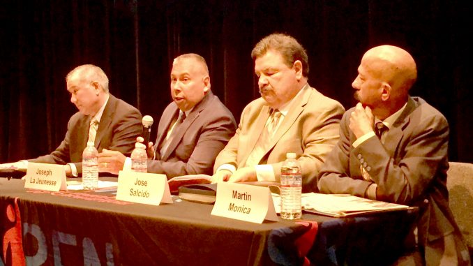 Sheriff candidates, from left, John Hirokawa, Joe LaJeunesse, Jose Salcido and Martin Monica debated in Mountain View on April 24. Post photo by Allison Levitsky.