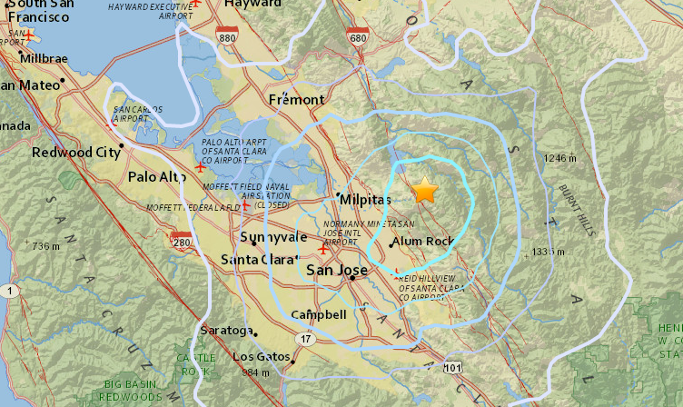 A U.S. Geological Survey map showing the epicenter of this morning's (April 16) earthquake.