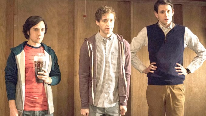 Big Head (Josh Brener), Richard (Thomas Middleditch) and Jared (Zach Woods) stare at Fiona. HBO photo.