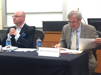 Stanford Law professor Mark Lemley, left, a recall supporter, and Berkeley Law Dean Erwin Chemerinsky, a recall opponent, debated at Stanford. Post photo by Emily Mibach.