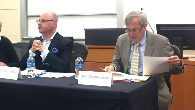 Stanford Law professor Mark Lemley, left, a recall supporter, and Berkeley Law Dean Erwin Chemerinsky, a recall opponent, debated at Stanford. Post photo by Emily Mibach.