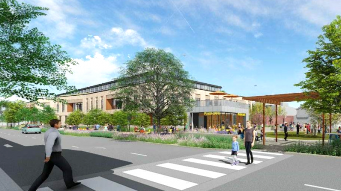 First Street Green gateway to plaza from First Street Los Altos officials wanted to give city property to Los Altos Community Investments to build this 77,000-square-foot office building on First Street last year. The development company, headed by Anne Wojcicki, pulled the proposal last October. But a citizens initiative that has qualified for the November ballot will require all similar sales of city land to receive voter approval. Illustration by EHDD Architecture of San Francisco.