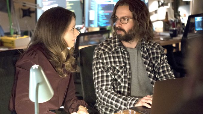 Monica (Amanda Crew) and Gilfoyle (Martin Starr) start off sparring with one another but end the episode bonding over whiskey and shared skepticism. HBO photo.