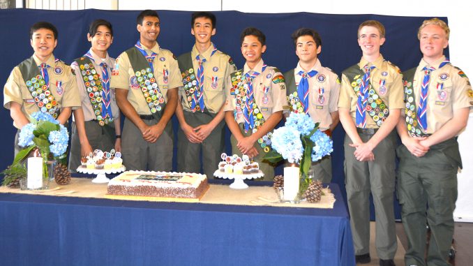 BOY SCOUTS, from left, Brian Chao, Eric Mow, Arjun Singla, Andrew Shieh, Gage Rodriguez, Ryan McCauley, Braydon Ross and Aidan Slusser have earned the rank of Eagle Scout. They all belong to Troop 30 of Los Altos.