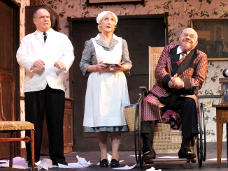 From left, Shawn Bender as John, Patricia Tyler as Sarah, and James Shelby as Sheridan Whiteside in the Palo Alto Players’ “The Man Who Came to Dinner.” Photo by Joyce Goldschmid.