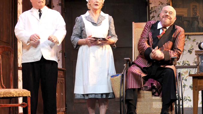 From left, Shawn Bender as John, Patricia Tyler as Sarah, and James Shelby as Sheridan Whiteside in the Palo Alto Players’ “The Man Who Came to Dinner.” Photo by Joyce Goldschmid.