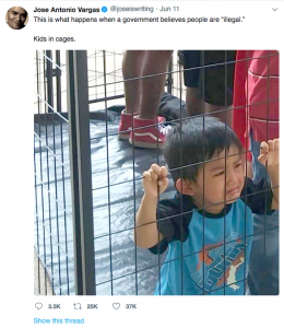 The tweet journalist Jose Antonio Vargas sent on June 11 that many felt depicted a child in a migrant detention center. As it turned out, it was actually a boy at a Dallas protest.