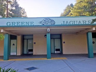 A few of the signs at Jordan Middle School in Palo Alto have been repainted to reflect the school’s new name. The Palo Alto school board voted in March to rename Jordan after Frank Greene, a black Silicon Valley tech luminary, and Terman Middle School after Ellen Fletcher, the late Palo Alto councilwoman, bicycling advocate and Holocaust survivor, because David Starr Jordan and Lewis Terman were eugenics advocates. It looks like Greene will keep Jordan’s mascot, the Jaguars. Post photo.