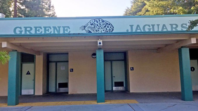 A few of the signs at Jordan Middle School in Palo Alto have been repainted to reflect the school’s new name. The Palo Alto school board voted in March to rename Jordan after Frank Greene, a black Silicon Valley tech luminary, and Terman Middle School after Ellen Fletcher, the late Palo Alto councilwoman, bicycling advocate and Holocaust survivor, because David Starr Jordan and Lewis Terman were eugenics advocates. It looks like Greene will keep Jordan’s mascot, the Jaguars. Post photo.