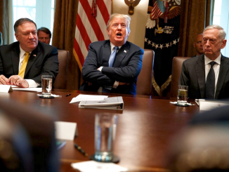 Secretary of State Mike Pompeo, left, and Secretary of Defense Jim Mattis, right, listen as President Trump speaks during a cabinet meeting at the White House on June 21, 2018. AP photo.