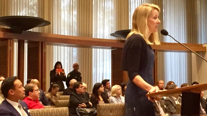 Marissa Mayer speaks to the Palo Alto City Council. Post photo by Allison Levitsky.