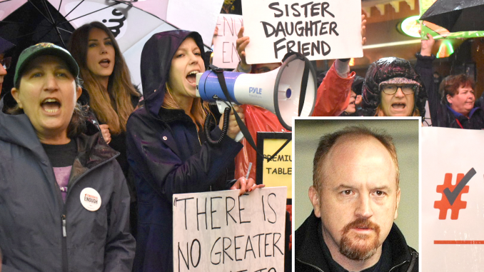 Comedian Louis C.K. greeted by protesters including Michele Dauber