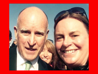 Then Gov. Jerry Brown and then-Menlo Park Councilwoman Kirsten Keith posed for this selfie at the groundbreaking of high-speed rail in Fresno in 2015. Keith later sent out the photo on Twitter.