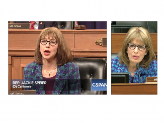 At left, SNL cast member portrays local Congresswoman Jackie Speier and on the right is the real Jackie Speier.
