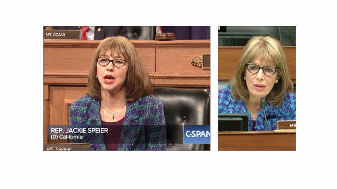 At left, SNL cast member portrays local Congresswoman Jackie Speier and on the right is the real Jackie Speier.