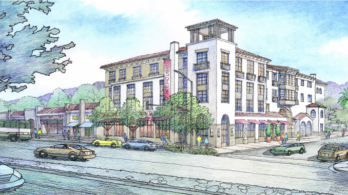 This drawing shows a project with 81 homes and stores near the Iron Gate restaurant on El Camino in Belmont.