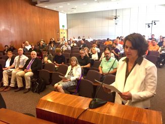 Stanford Associate Vice Chancellor Catherine Palter addresses the Santa Clara County Planning Commission in San Jose on Thursday (June 13). Post photo.
