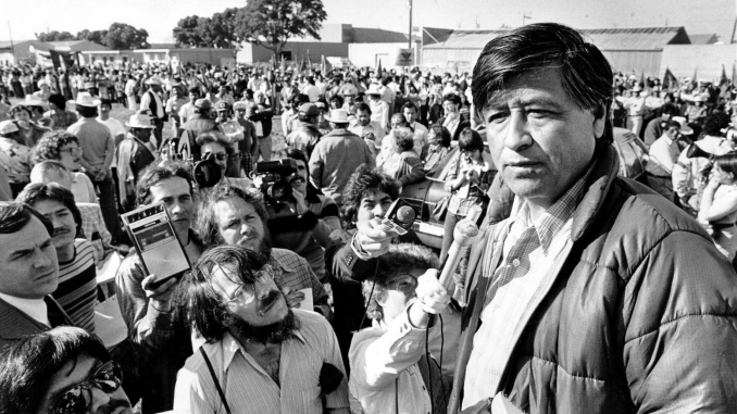 In this March 7, 1979, file photo, United Farm Workers President Cesar Chavez talks to striking Salinas Valley farmworkers during a large rally in Salinas. Chavez died in 1993. AP photo by Paul Sakuma.