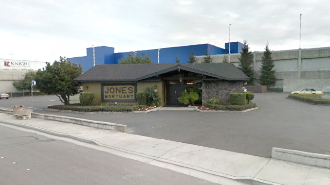 Jones Mortuary at 660 Donohoe St. in East Palo Alto. Ikea is the blue building in back. Google photo.