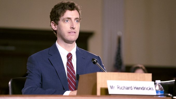 The HBO parody of local tech culture, “Silicon Valley” began its sixth and final season Sunday night (Oct. 27). Striking a pose very much like Facebook’s Mark Zuckerberg, Pied Piper founder Richard (Thomas Middleditch) appears before Congress in this episode. Photo courtesy of HBO.