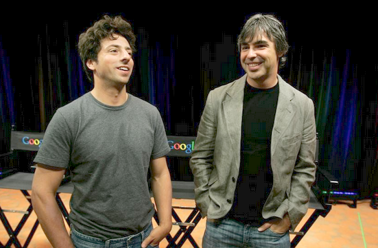 Google co-founders Sergey Brin, left, and Larry Page talk to reporters at a 2008 news conference at Google headquarters in Mountain View. AP photo by Paul Sakuma.
